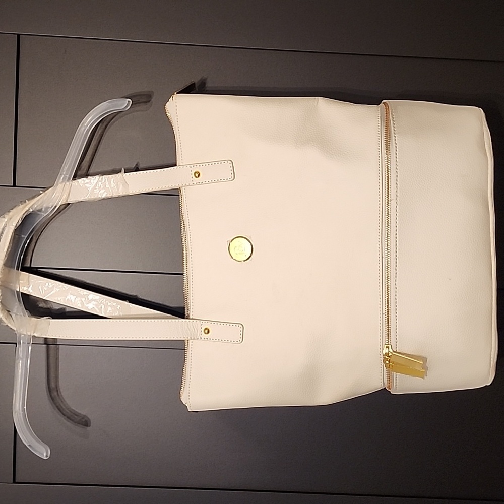 NWOT Joy Mangano Double Decker Leather tote with extra canvas pouch